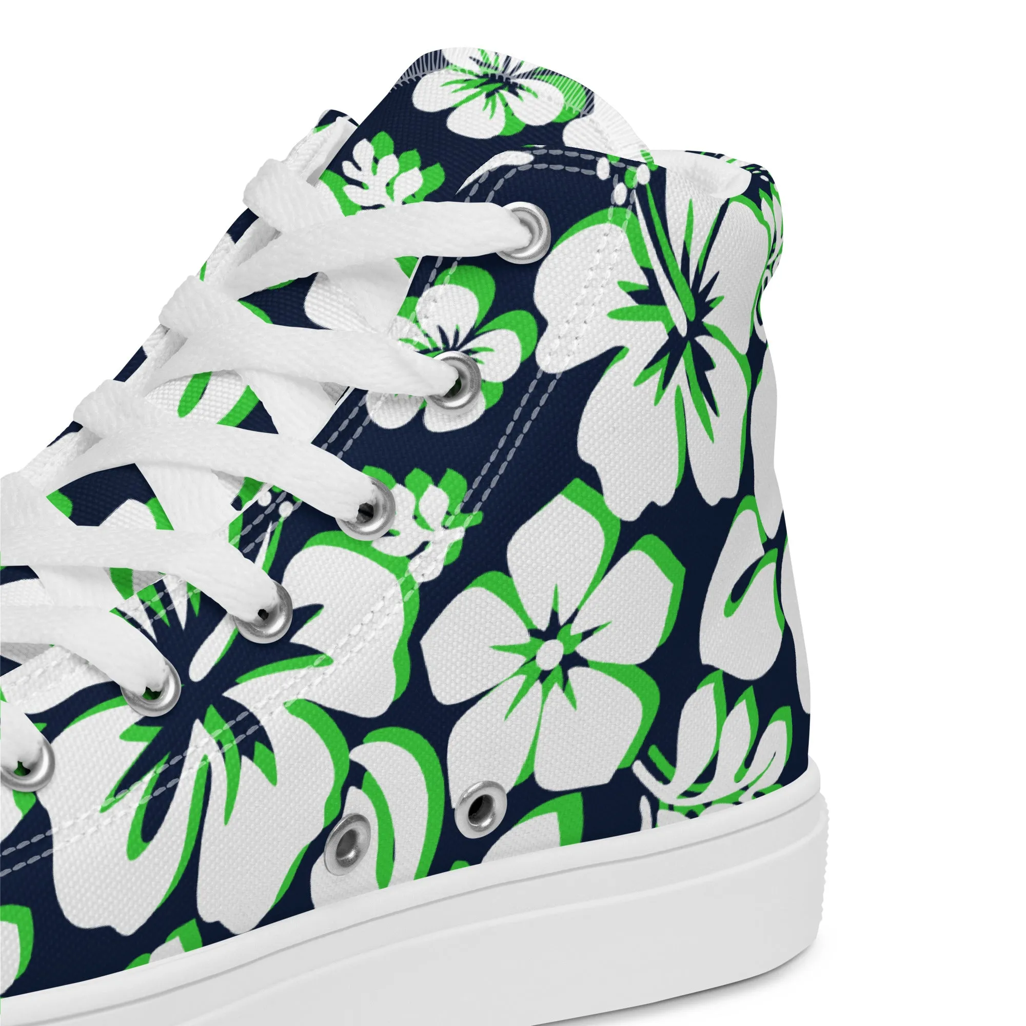 Women's Navy Blue, White and Lime Green Hawaiian Print High Top Canvas Shoes