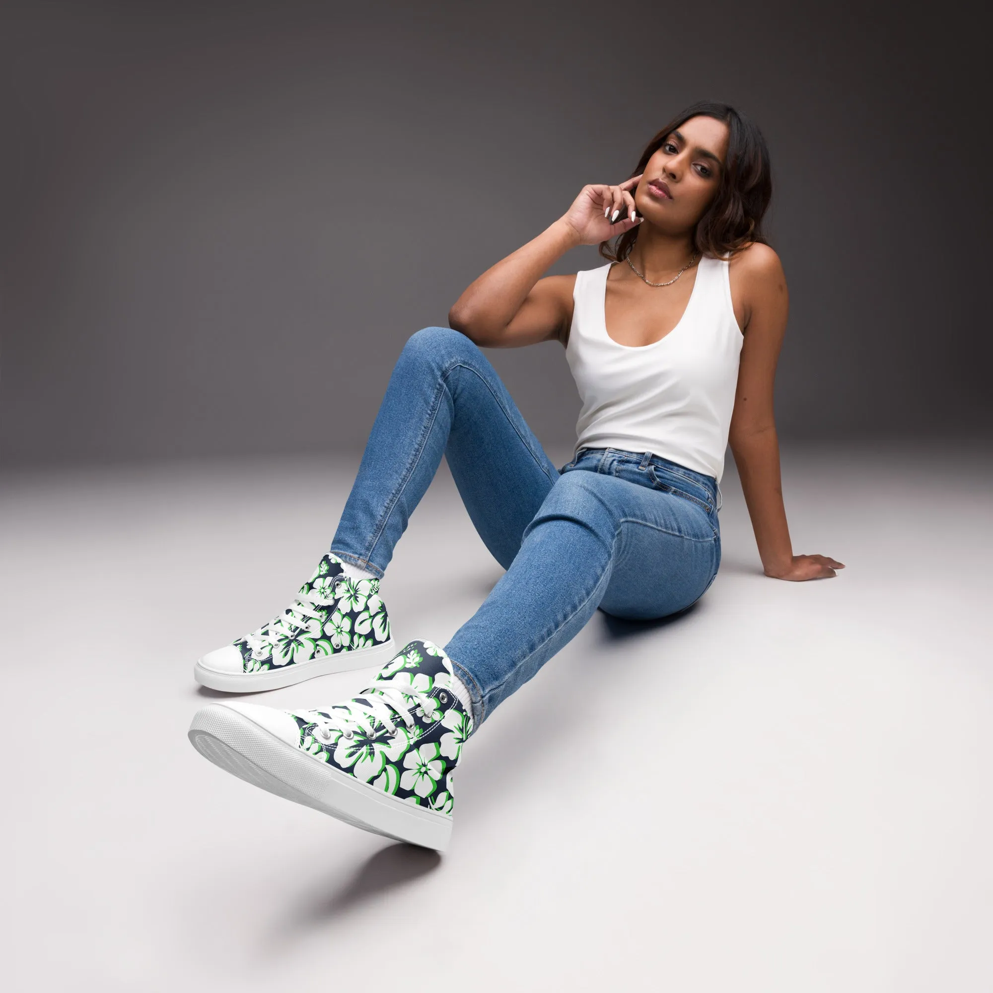 Women's Navy Blue, White and Lime Green Hawaiian Print High Top Canvas Shoes